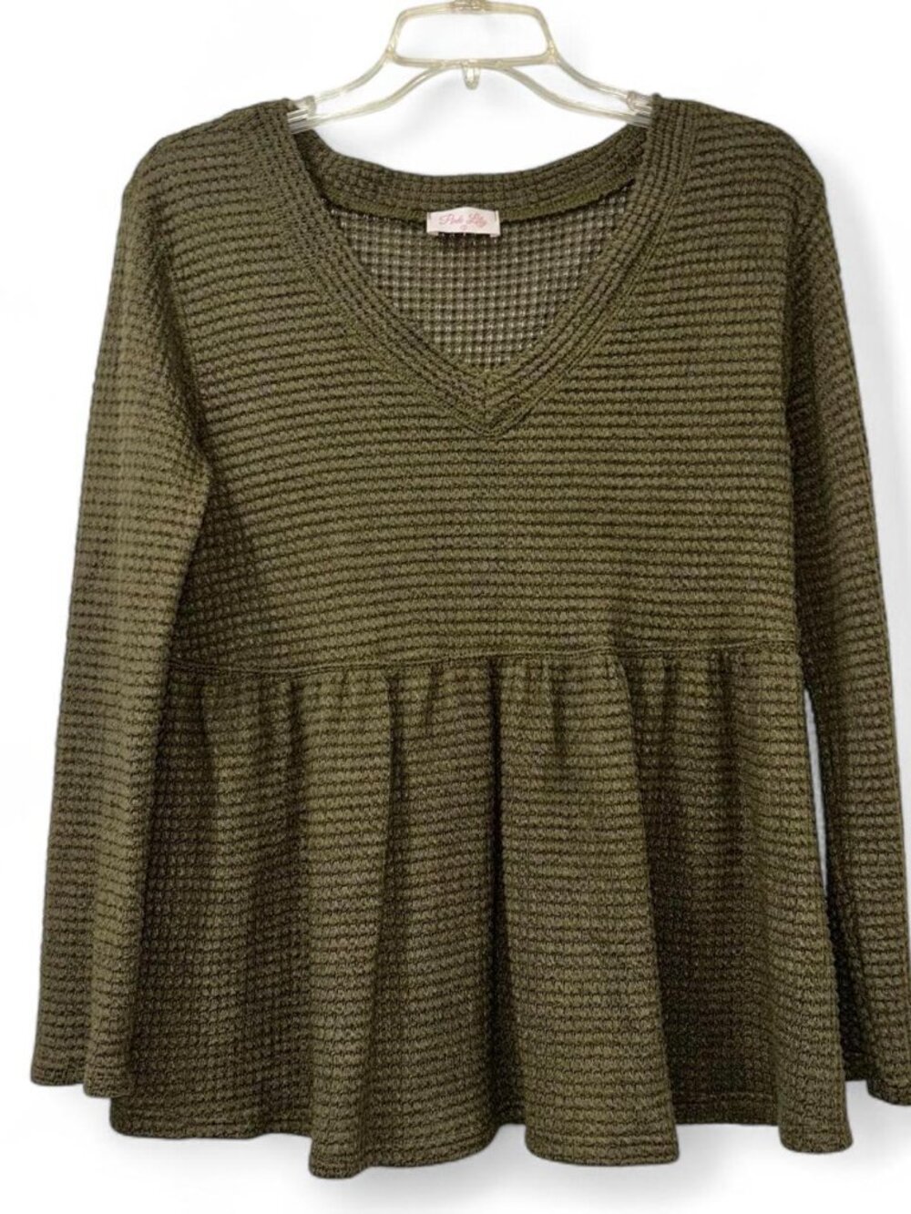 Pink Lily Olive Green V-Neck Peplum Sweater Women's Small
